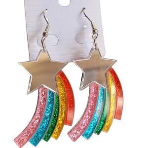 Shooting Star Rainbow Glitter Earrings Dangle Mirror 2" NWT Fun Cute Pride